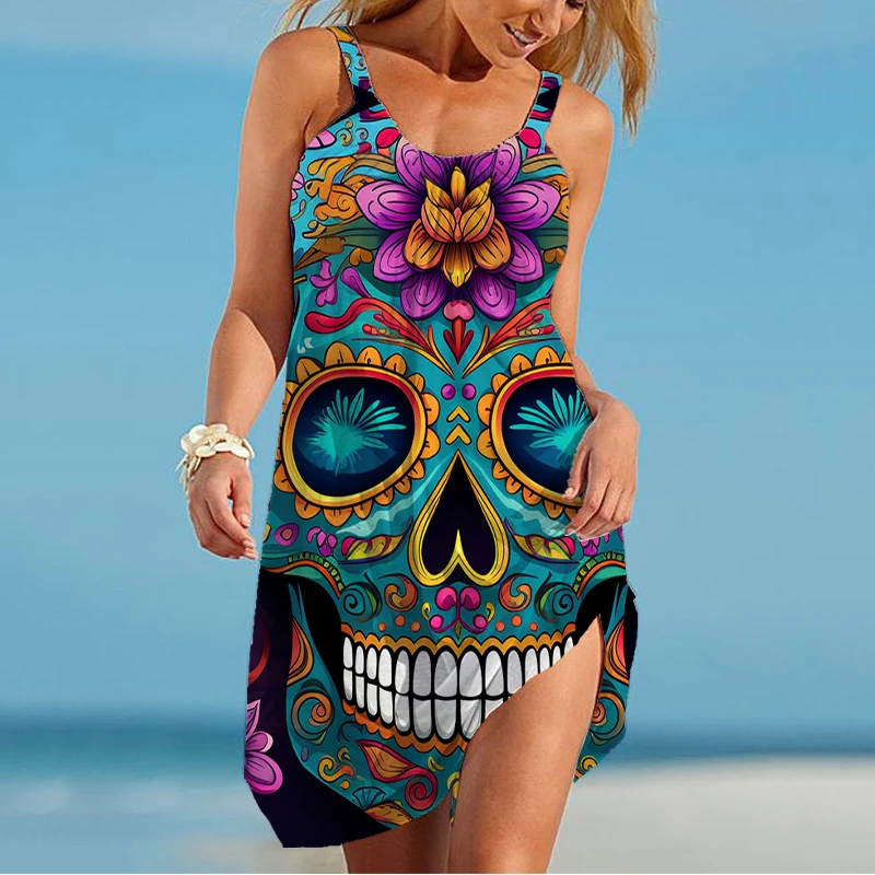 The New 3D Colorful Skull Printing Figure Dress Outdoor Leisure Ladies Sexy Loose Dress Summer Fashion Suspender Dress