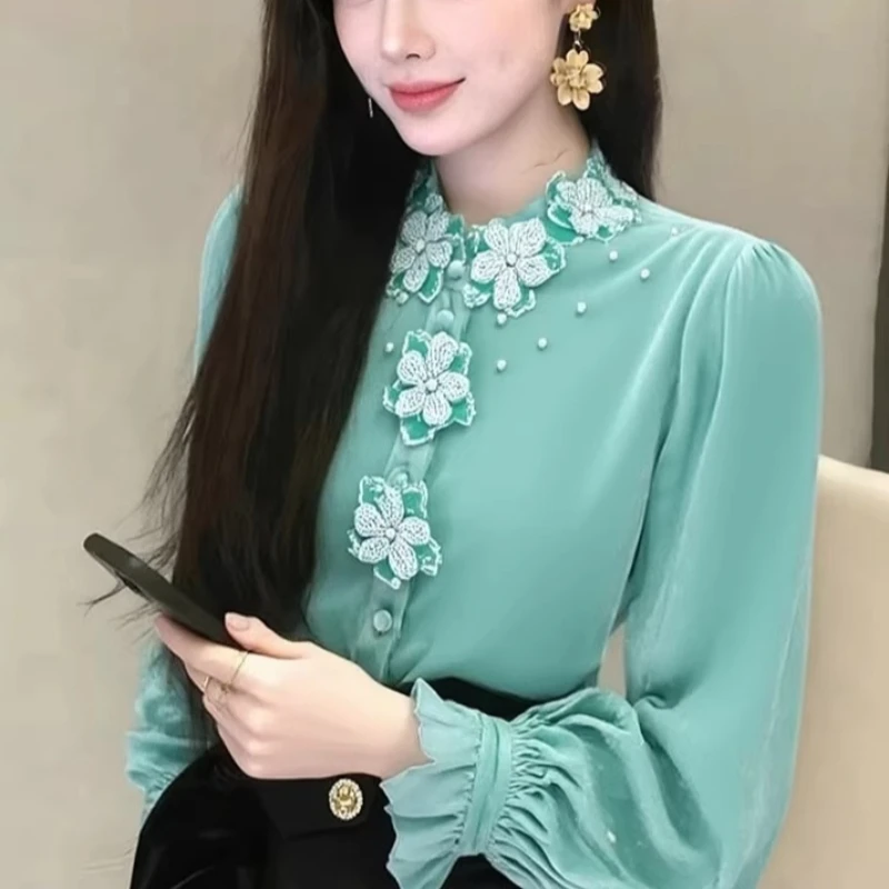 

Весенне-осенняя женская рубашка с воротником-стойкой и вышивкой, цветочным жемчугом, зеленая рубашка с расклешенными рукавами, кардиган, топы для женщин