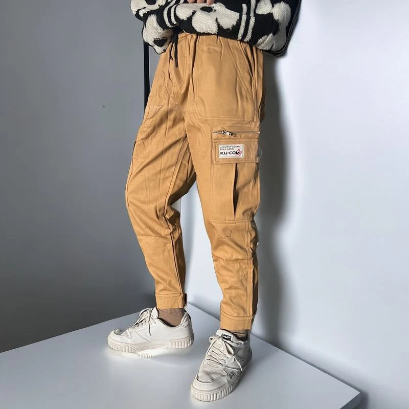 

Spring Autumn Elastic Waist Drawstring Loose Casual Harem Cargo Pants Male Trend Fashion Solid Color All-match Trousers Hombre