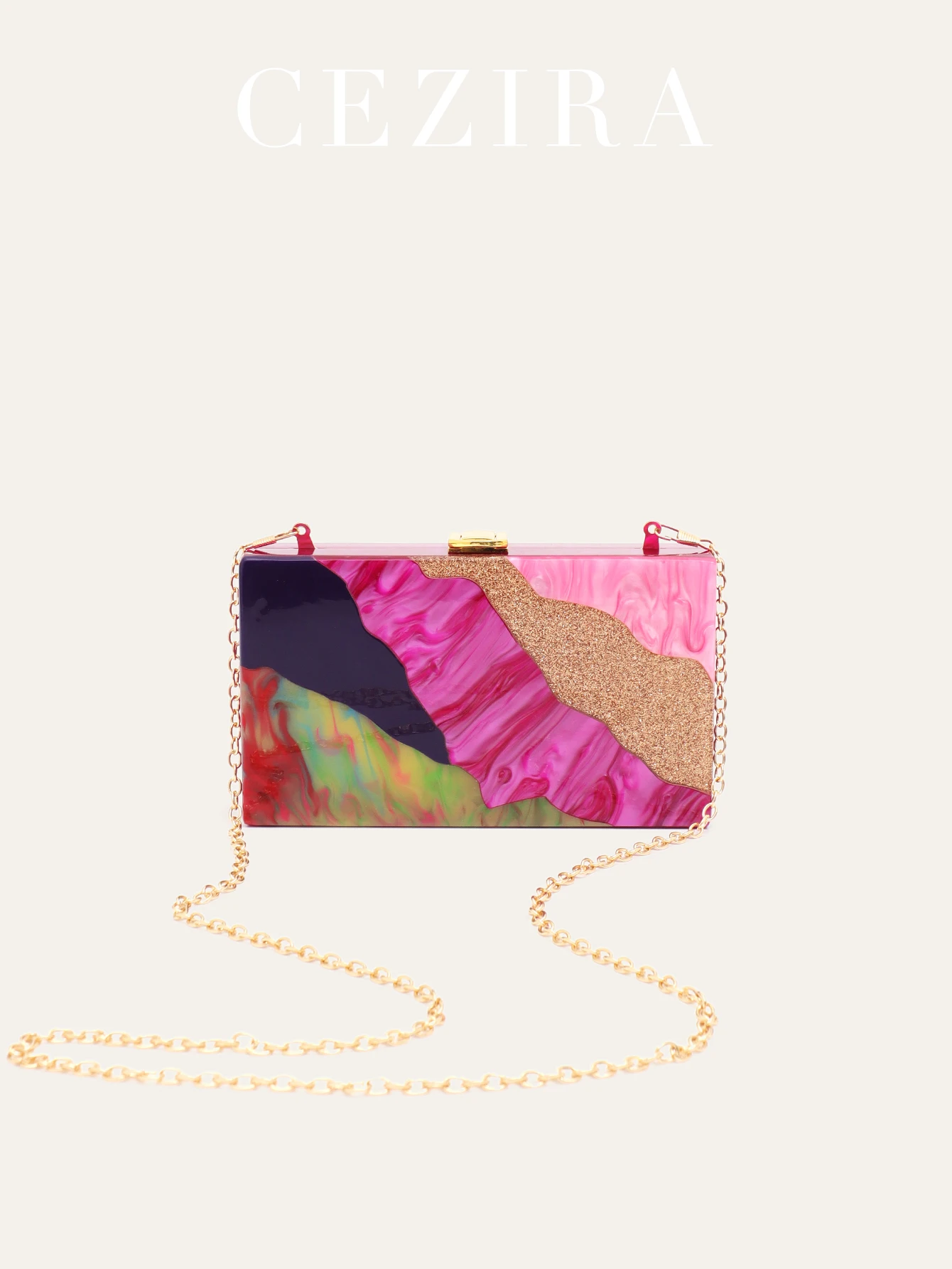 

CEZIRA Luxury Contrast Color Patchwork Glitter Acrylic Clutch Women Metal Lock Square Hard-case Box Evening Bag Party Banquet