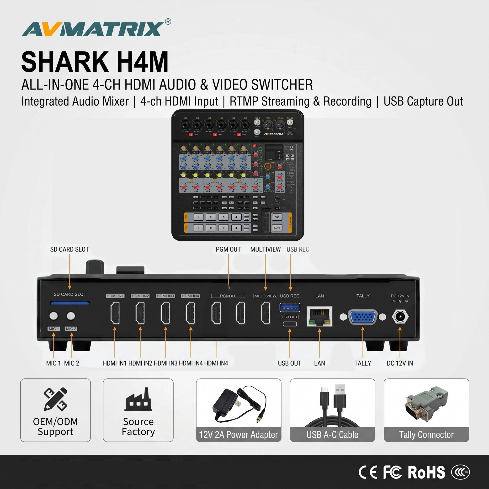 

AVMATRIX SHARK H4M: All-in-One 4-CH HDMI Video Switcher & Professional Audio Mixer SRT RTMP Streaming Recording for Live