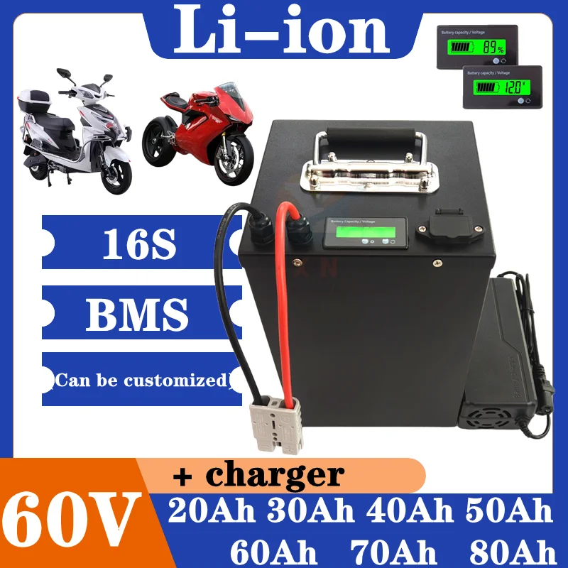 Pil, 1kw 2kw 3kw 4kw 5kw elektrikli araçlar için 60V 20Ah 30Ah 40Ah 50Ah 60Ah 70Ah 80Ah aküler ve şarj cihazları için uygundur