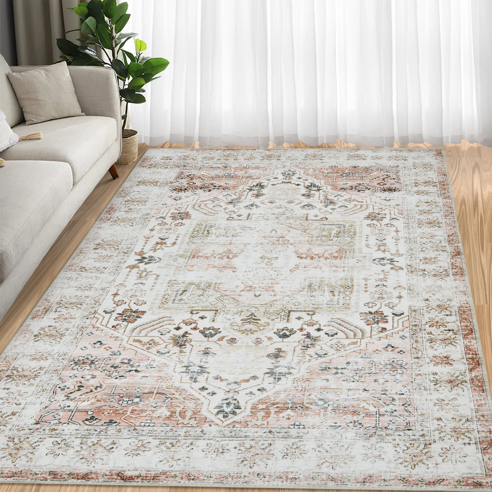 9*12ft Small Area Rug Machine Washable Rug Taupe Entryway Rug Vintage Indoor Floor Cover Carpet Foldable Thin Rug for Home Decor