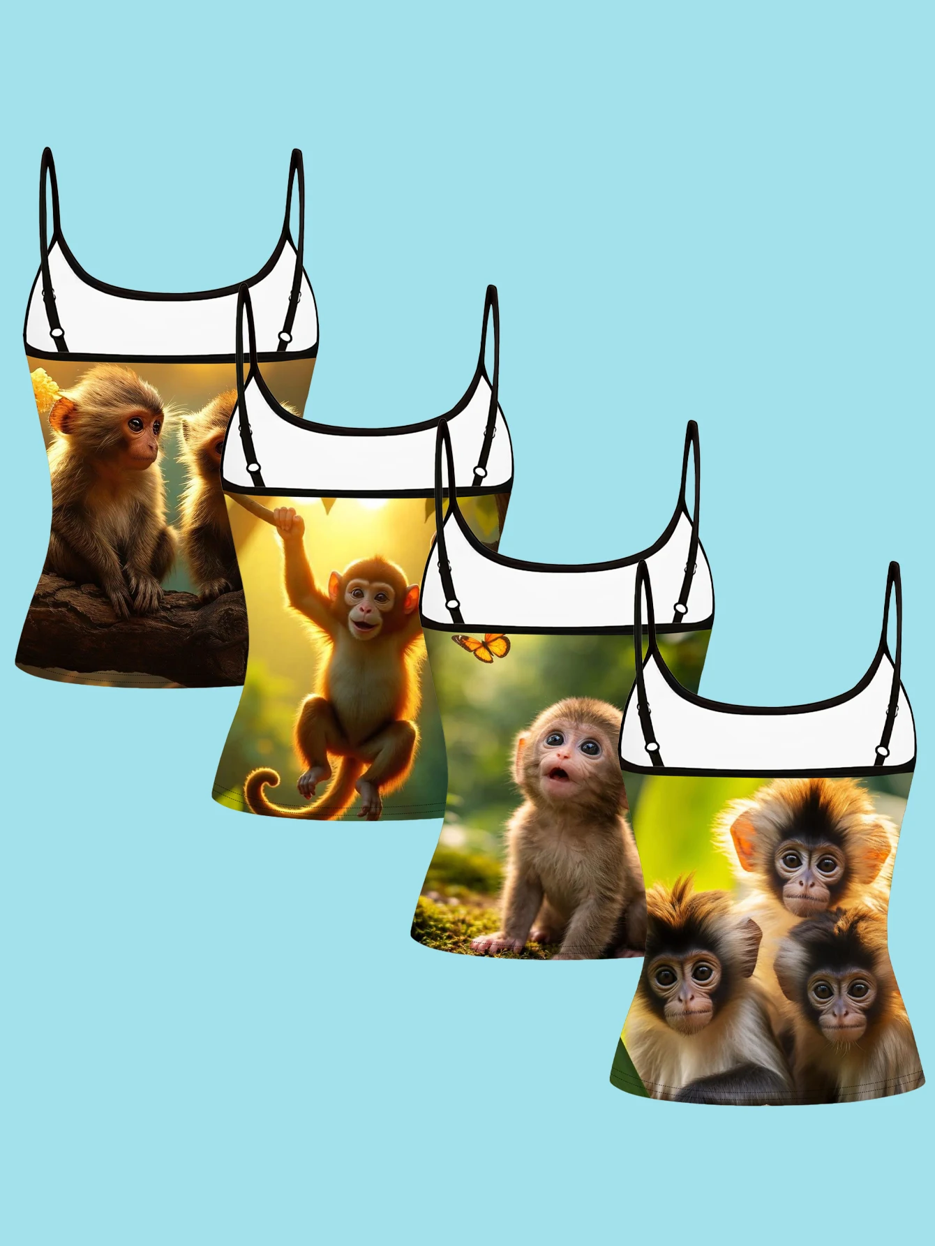 4-Piece Set of Women's Cute Monkey Print Camisoles, Adorable Monkey Forest Sun Photography Style Slim-Fit Spaghetti Strap Tops