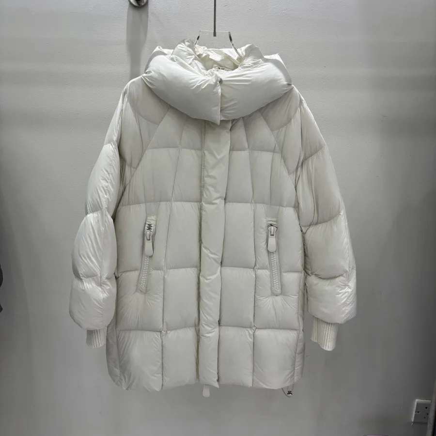 Winter Loose Mid Length Hooded Down Jacket Female Thicken Warm Drawstring Jackets Women White Duck Down Zipper Parker Outwears