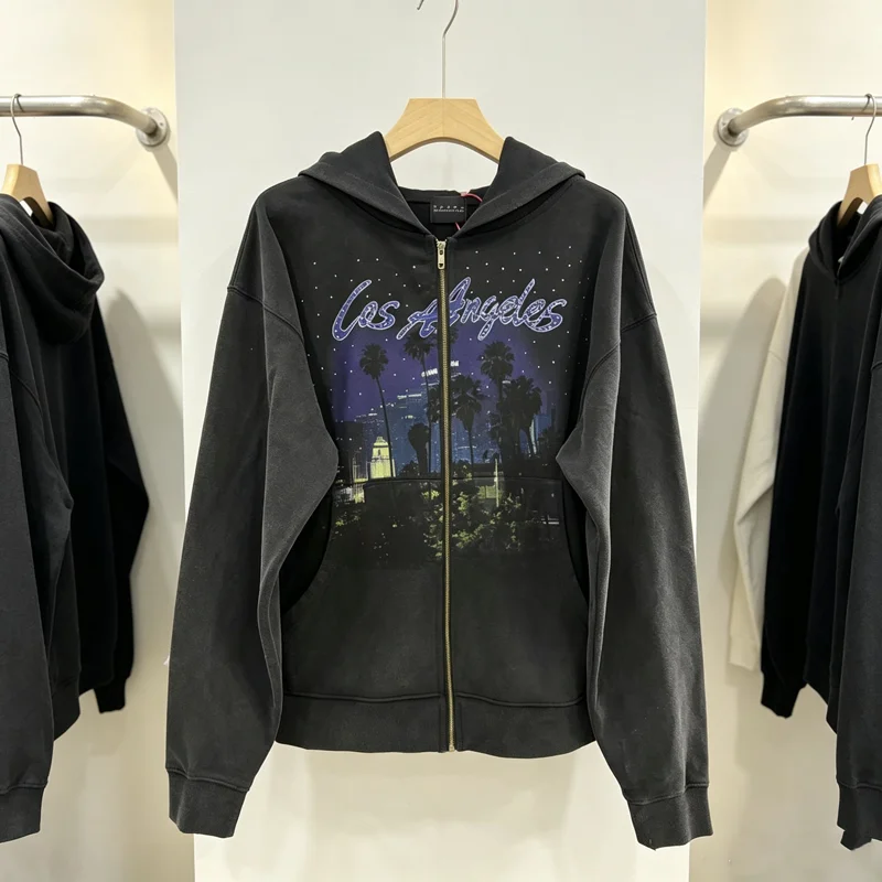 Rhinestone False Perception Night Sky Print Zipper Hoodie Men Women  Washed Distressed Loose Sweatshirts Cotton Hooded Pullovers