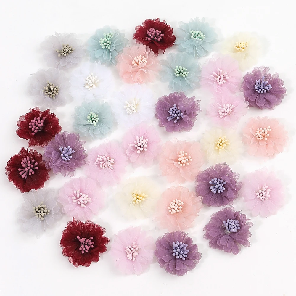 10Pcs 4cm Chiffon Flowers Head Chiffon Yarn Artificial Rose Flower Dresses Clothing Children\'s Hair Clips Decorative Accessories