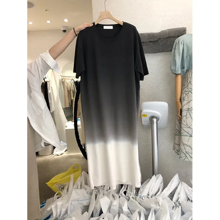 

Summer Oversized Basic Tees Women Tunics Gradient Contrast Style Chic Casual Over Knee Long T-shirt