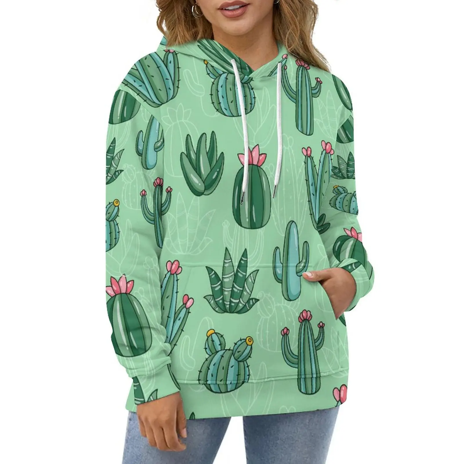 

Cute Cactus Hoodies Pink Floral Print Street Wear Casual Hoodie Long Sleeve Modern Graphic Sweatshirts Birthday Present