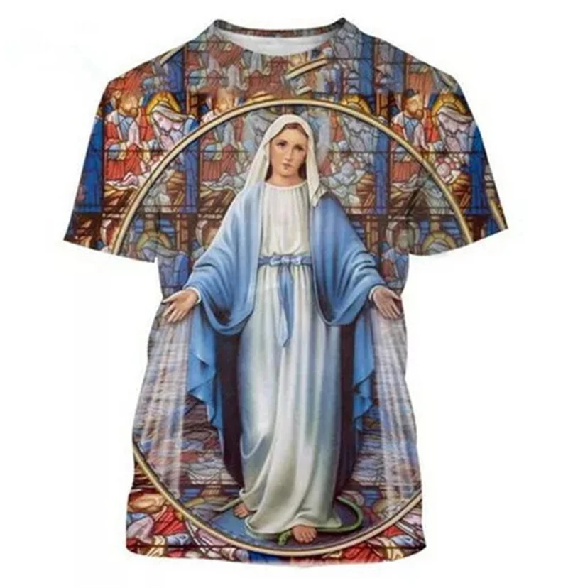 Virgin Mary Graphic T Shirt 3D Print Mother Of God T-Shirt Men Women Christian Tees Vintage Summer  Unisex Short Sleeve Kid Tops