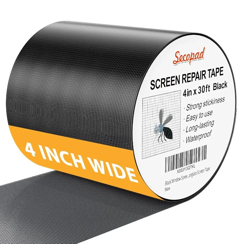 Black Window Screen Repair Kit, 4 in X 30 FT Screen Repair Tape for Windows or Doors, Strong Adhesive Fiberglass Mesh Patch Tape
