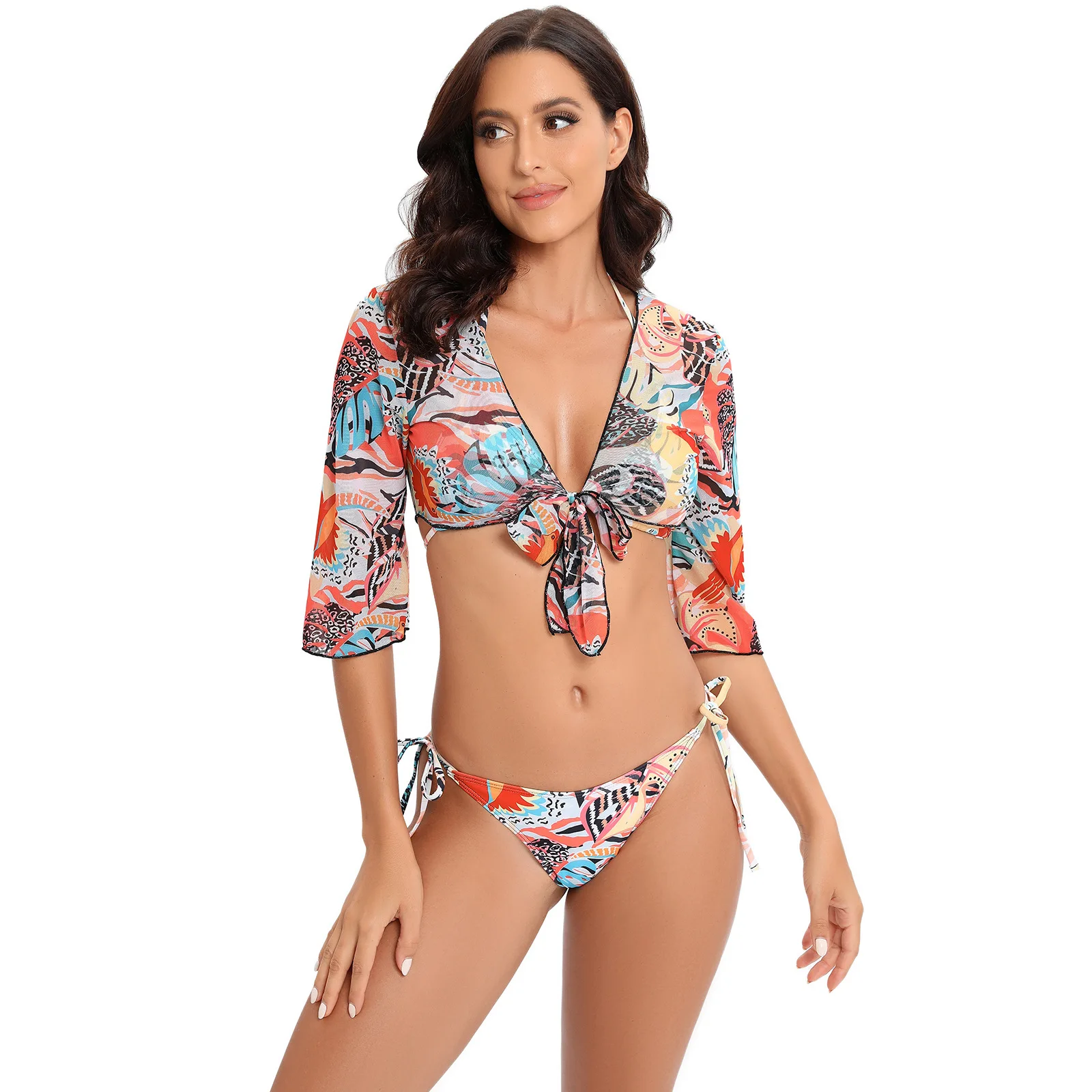 

2025 new sexy bikini mesh long-sleeved three-piece swimsuit split print swimsuit women