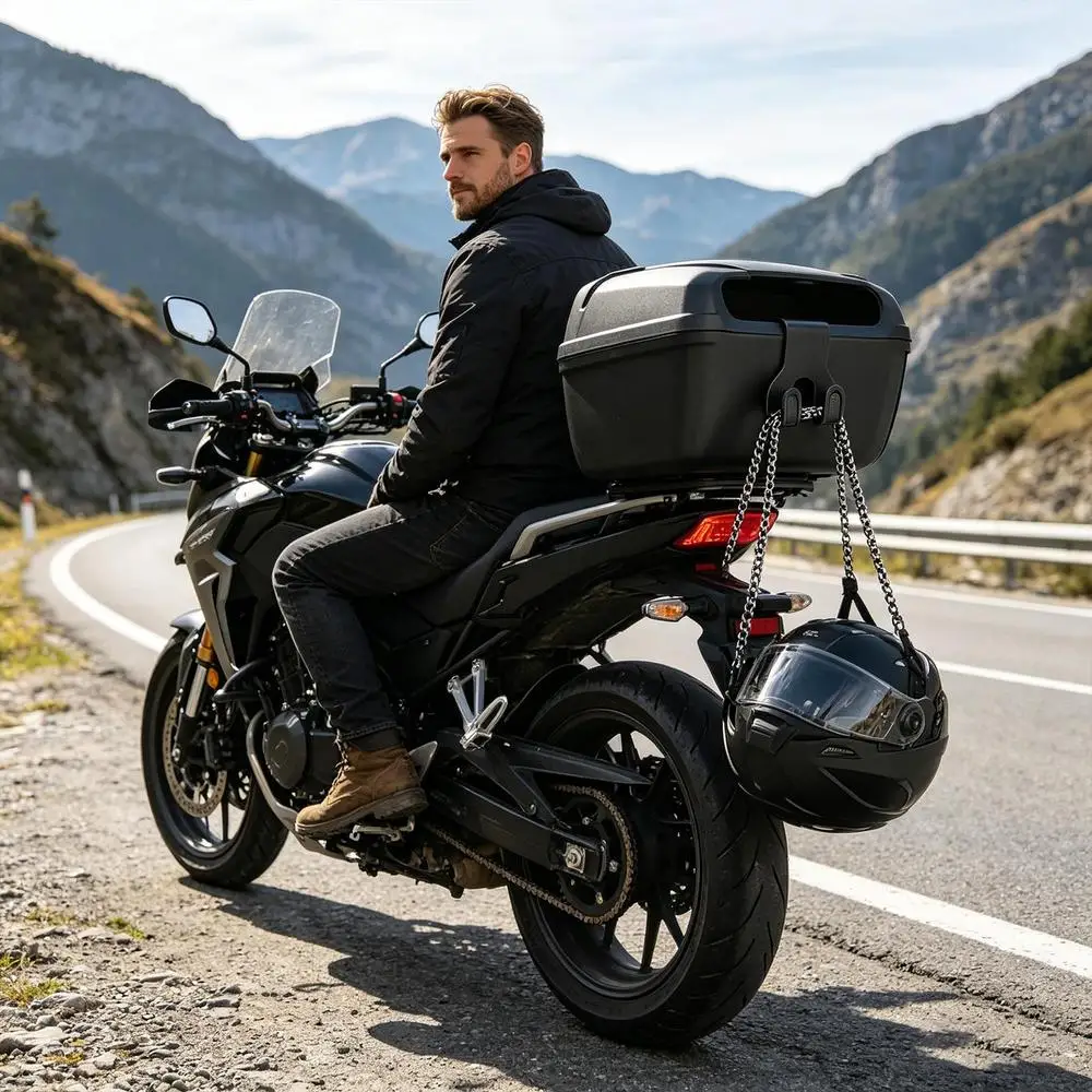 Motorcycle helmet hook bracket in use on road trip