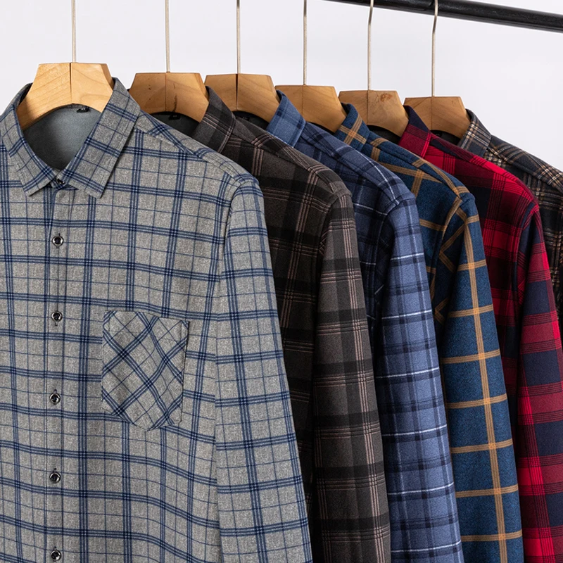 الخريف الشتاء رشاقته الصوف قمصان للرجال الأعمال منقوشة قميص طويل الأكمام الملابس الدافئة الذكور جيب واحد الكلاسيكية تحقق قميص