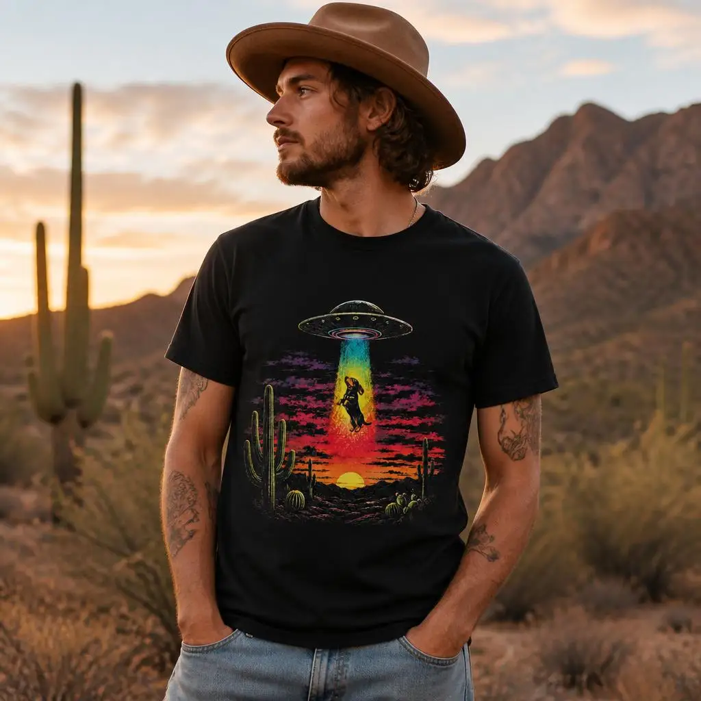 Funny Dachshund UFO Abduction Desert Sunset Dog Art Men T Shirt 100% Cotton Clothing Fun Short Sleeve Tee Gift T-Shirts