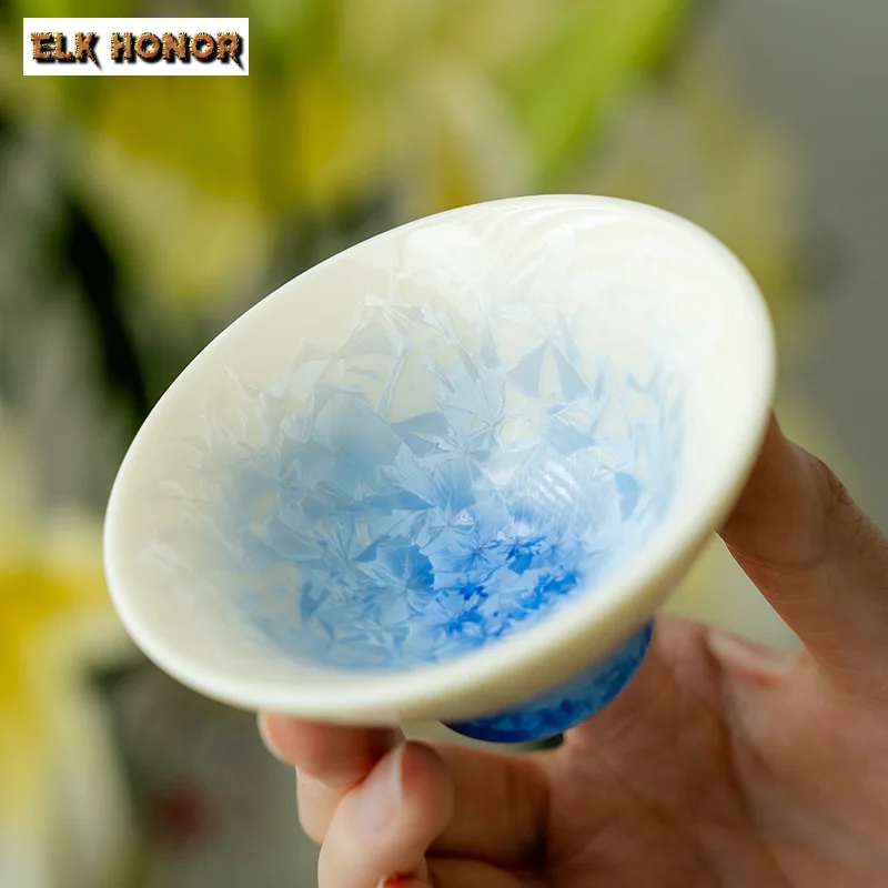 75ml Creative Sky Blue Ice Flower Crystal Glazed Teacup High End Kiln Change Hat Master Cup Puer Tasting Tea Bowl Chazhan Gifts