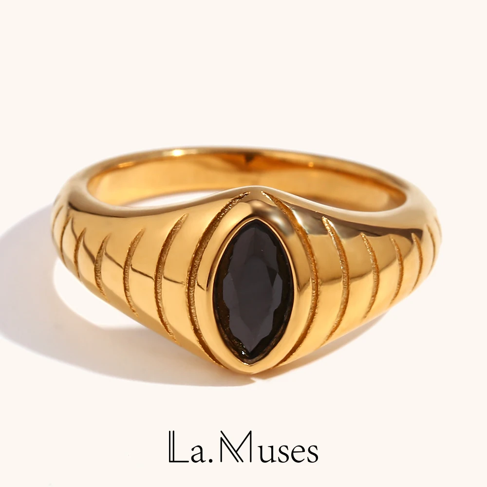 La. Muses Klassische Pferdeaugenform, schwarzer Zirkon, Water Ripple Road-Ringe, Premium-Edelstahl-Schmuck, Damen-Accessoires, Geschenk