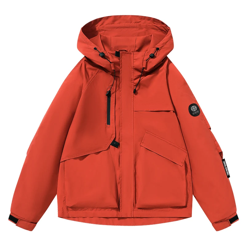 Unisex Outdoor-Windbreaker mit Kapuze, besticktem Aufnäher, mehreren Taschen, Reißverschluss-Knopfleiste, wasserdicht, winddicht, locker geschnittene Wanderjacke – Detail 6