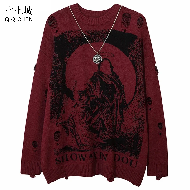 Hip Hop Priest Salvation Print Sweaters Men Knitted Street Hole Ripped Loose Harajuku grim Reaper With Chain Pullover Jumpers