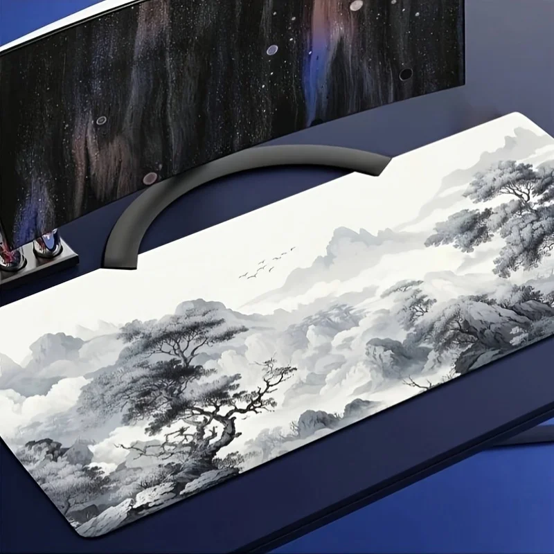 Extra Large Thick Mouse Pad with Ink Painting Design, Non-Slip Rubber Base Washable Surface for PC Office eSports