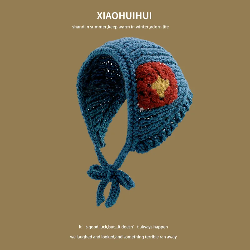 Korea new retro handmade lace-up knitted triangular headscarf women autumn winter warm earmuffs ear protectors wool headband