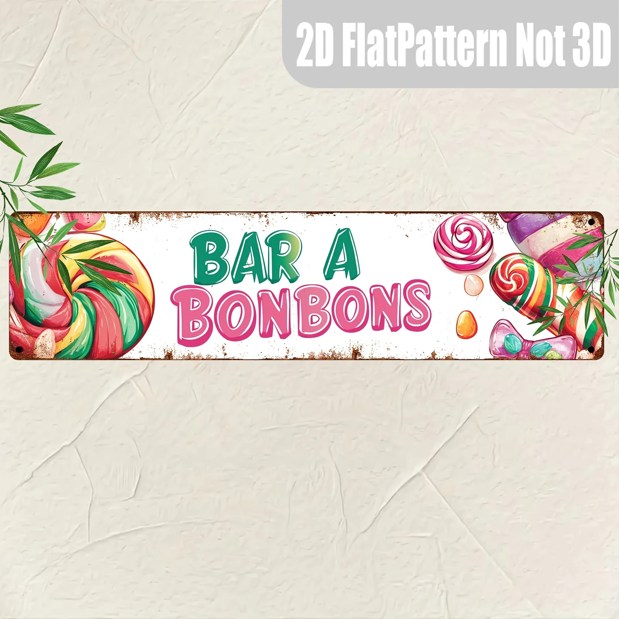 Letrero Metálico Vintage con Impresión Plana 2D 'BAR A BONBONS', Placa Rústica Blanca Desgastada con Letras en Relieve Verdes y Rosas
