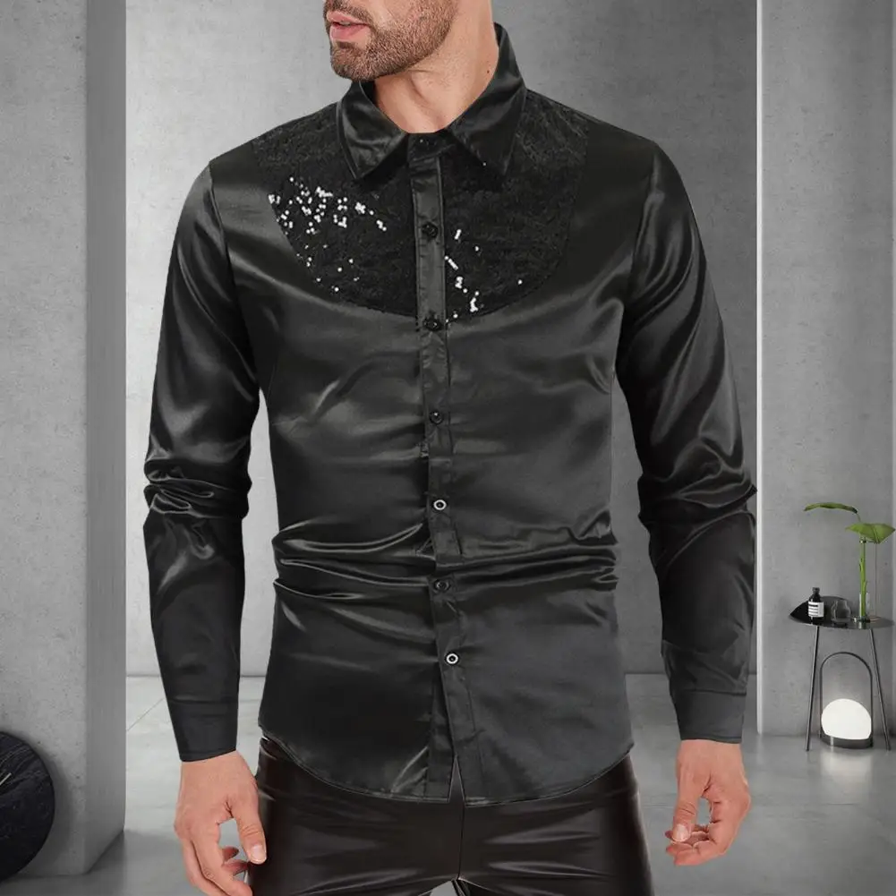 Spring Fall Men Shirt Sequin Smooth Single-breasted Patchwork Turn-down Collar Cardigan Long Sleeves Cosplay Club Dance Party