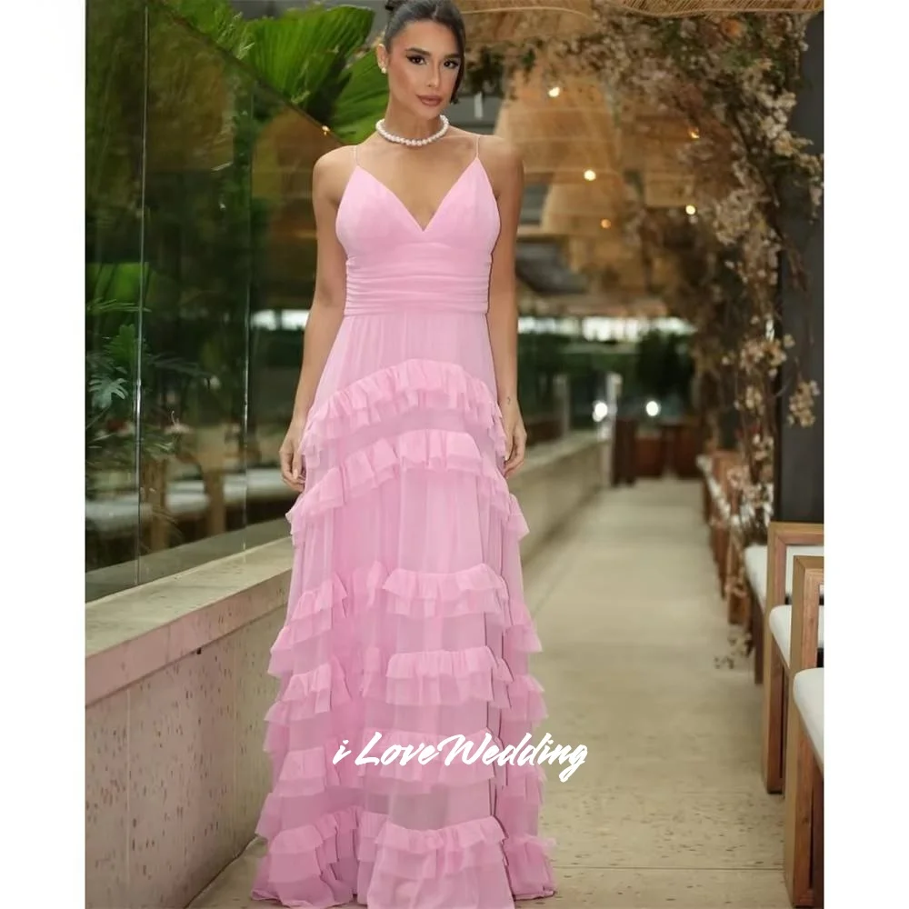 Pink Spaghetti Strap Prom Dresses Chiffon V-Neck A-Line Ruffles Backless Sleeveless Multi-Layered Floor-Length Pleated Customize