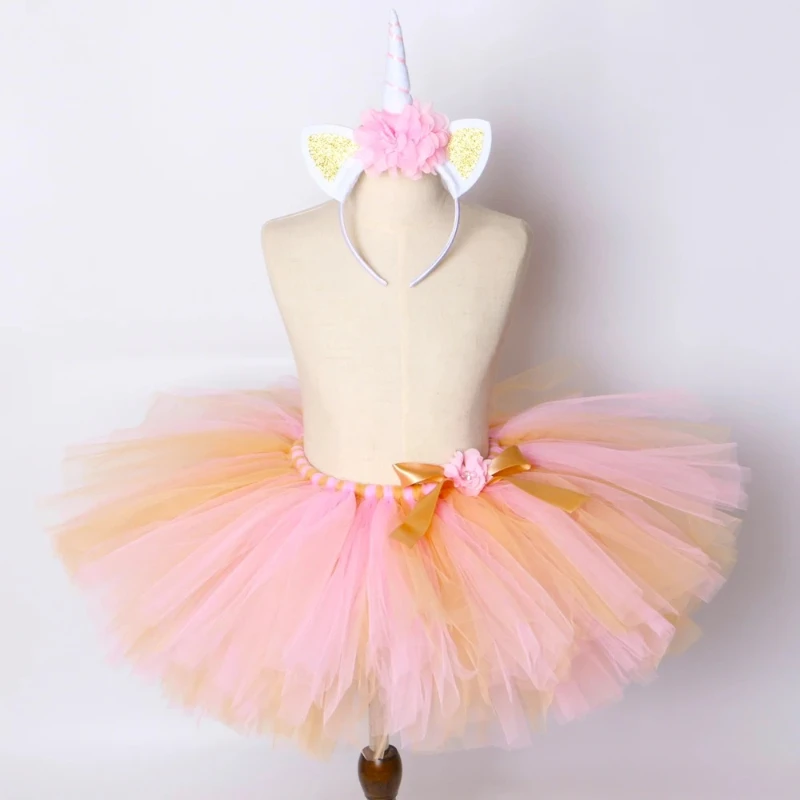 Girls Unicorn Tutu Skirt Pink Gold Fluffy Flowers Kids Tulle Skirt Dance Birthday Party Toddler Baby Girl Tutu Costume Outfit