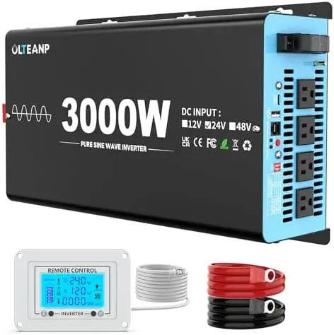 

24V 3000W Pure Sine Wave Inverter with 4 AC Outlets & USB-C – LCD Display, Remote for Trucks & Outages