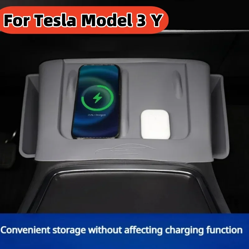 

For Tesla Model 3 Y 2021-2023 Wireless Charging Pad Non-Slip Mat with Side Storage Organizer Tray Model3 Charger Protect Cover