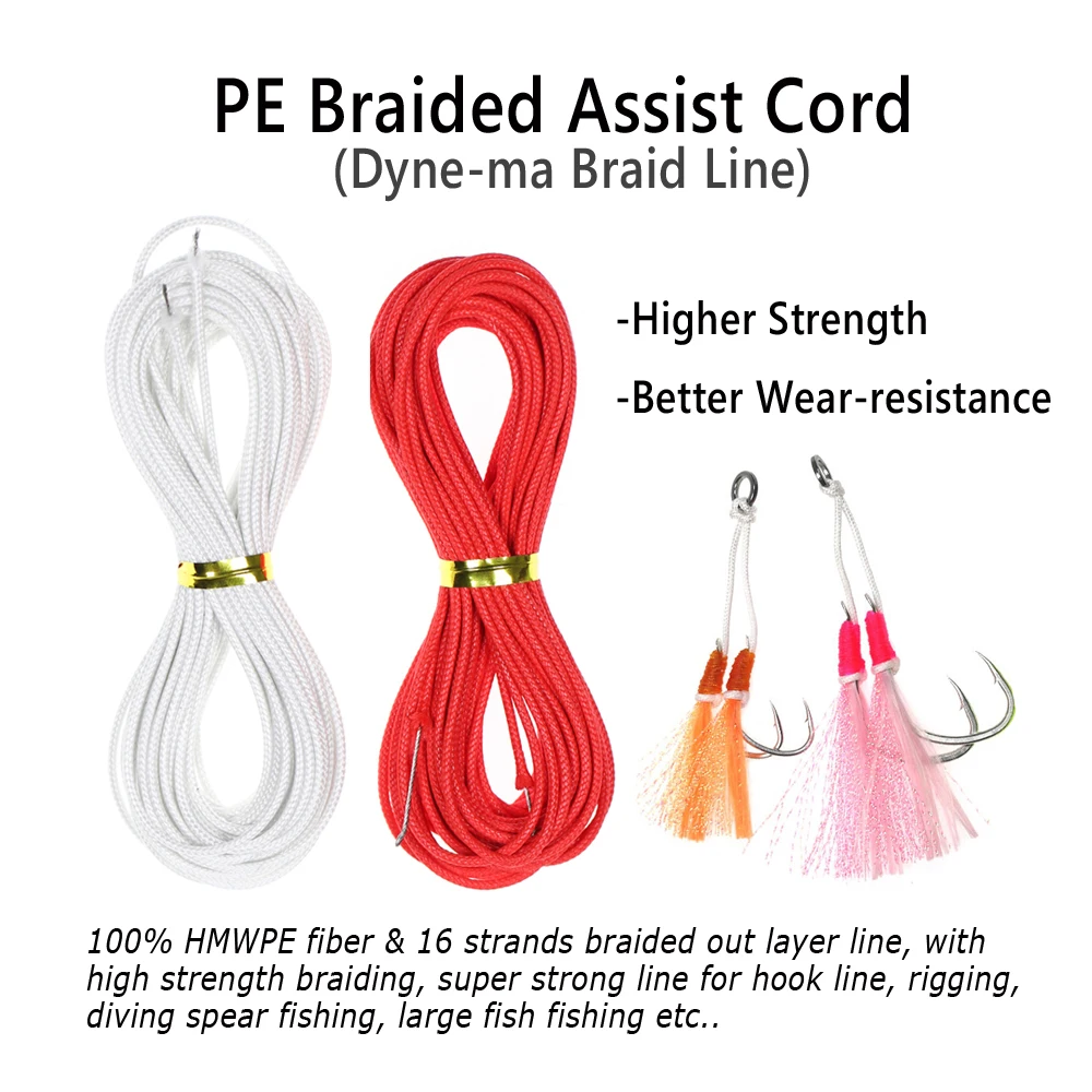 Bimoo 10M 90/120/150LB High Strength PE Braided Stainless Steel Wire Core Assist Jigging Hook Fishing Line Assist Cord White Red