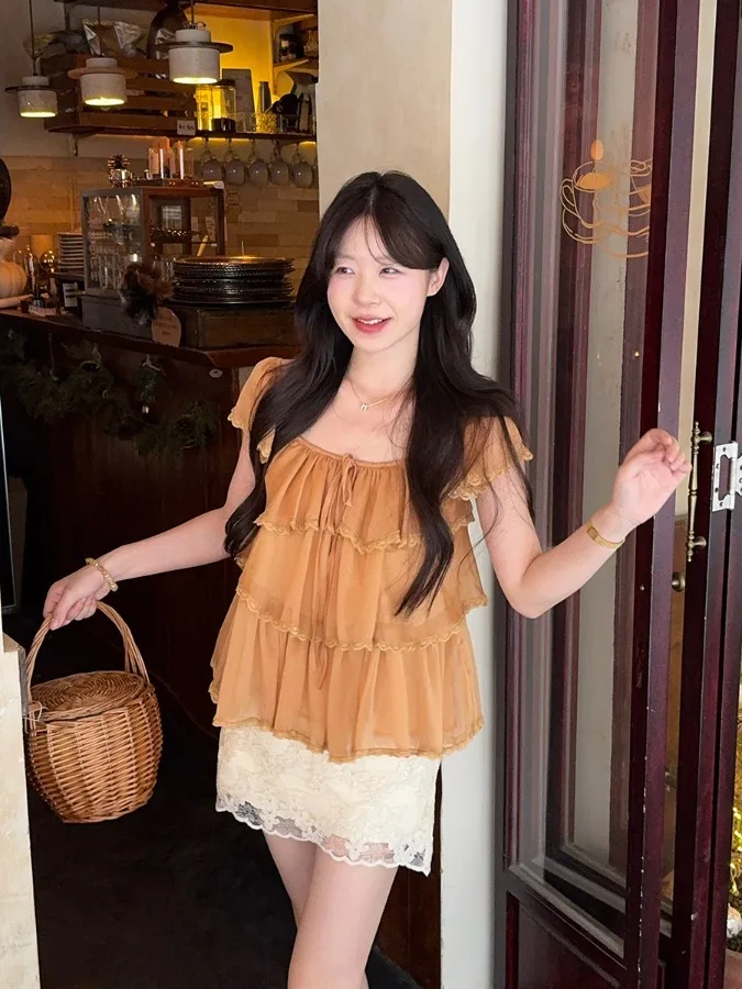 

plus Size Women's Sweet Style Lace Trimmed Square Collar Short Sleeve Shirt Summer New Slimming Versatile Chiffon Top