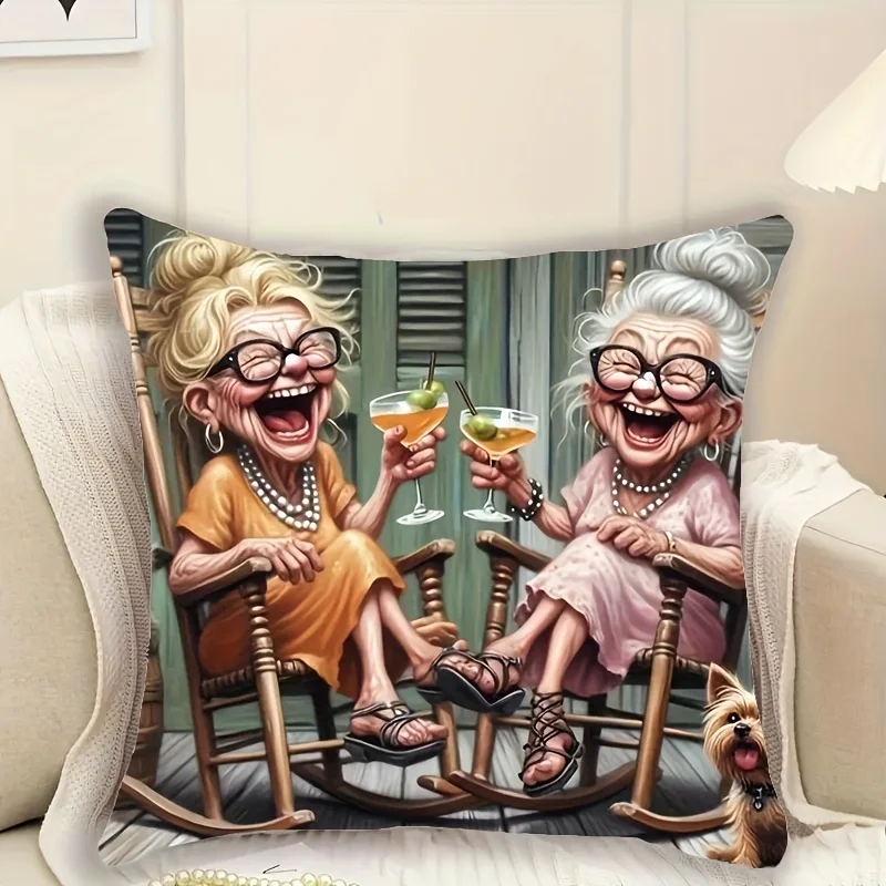 Funny Grandma Pillow Case, Laughing Elderly Women Cushion Cover, Retro Porch Scene Home Decor for Sofa Living Room Gift