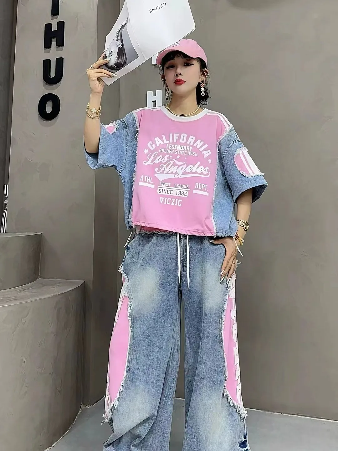 

Casual Summer Women's Outfit T-Shirt And Jeans Set Letter Print Splicing Loose Long Pants Drawstring Cotton Denim Ensemble