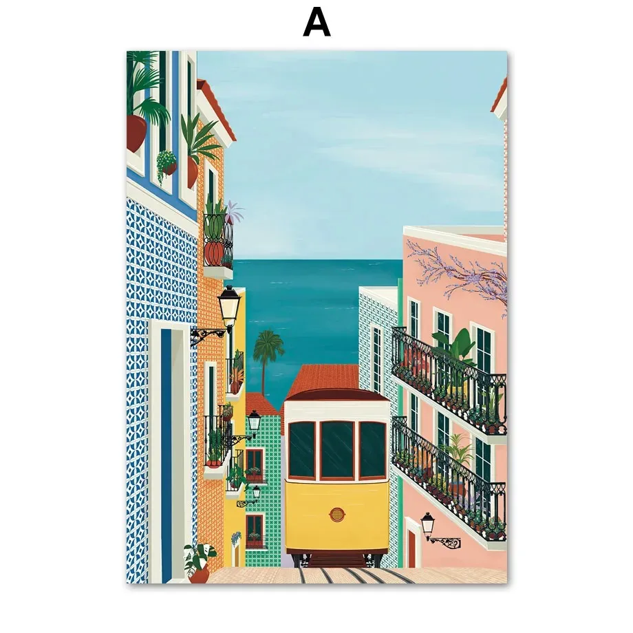 لشبونة ترام الغذاء البرتغال الرسم على لوحات القماش الجدارية السفر مدينة الملصقات والمطبوعات جدار صور لغرفة المعيشة ديكور المطبخ