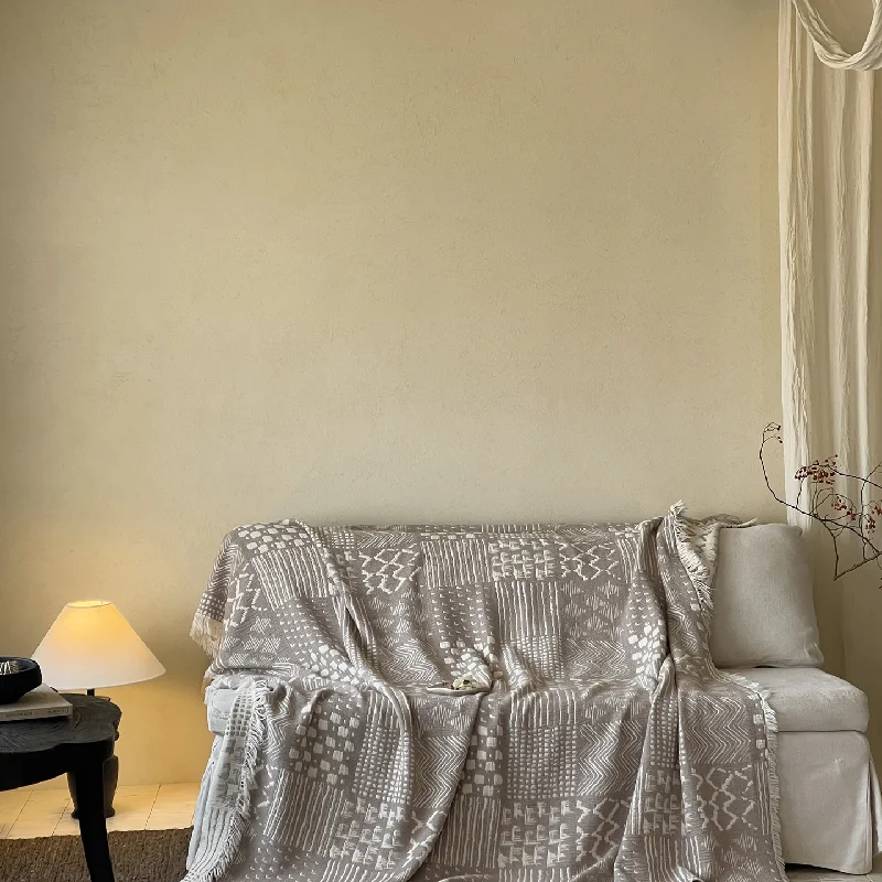 Minimalist Mid-Century Modern Tassel Throw Blanket, Yarn-Dyed Jacquard Cotton Linen Multi-Purpose Blanket for Sofa, Bed, Couch
