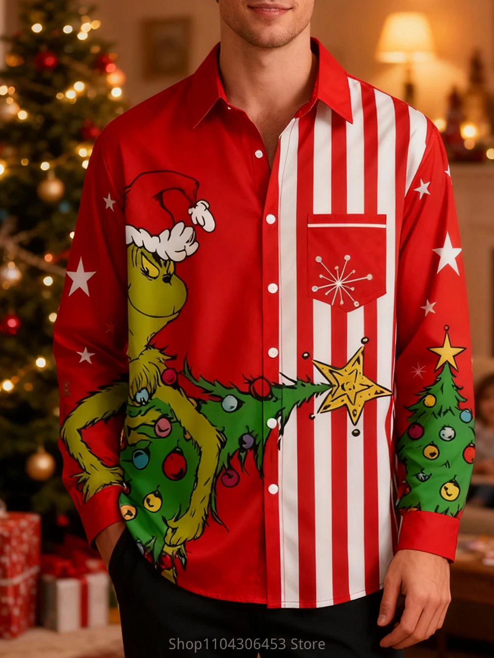 Men's Christmas New Year Reindeer Turkey 3D Printed Lining Holiday Party Funny Pattern Shirt Men's Autumn and Winter New Casual