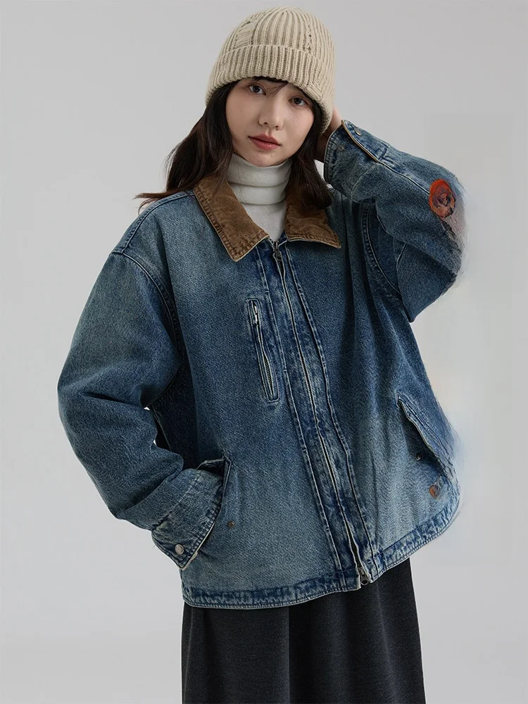 

Новая женская джинсовая куртка Dwind2025 осенне-зимняя коллекция, цветной воротник-стойка, хлопковое пальто для повседневной носки