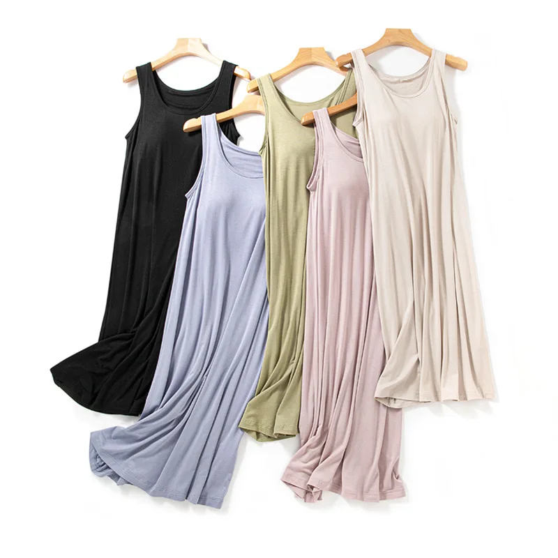 

New Sleepwear women Summer Pajamas Modal Nightgowns Sleeveless Vest Home Wear With Chest Pad Nightdress Knee-length Nightshirt