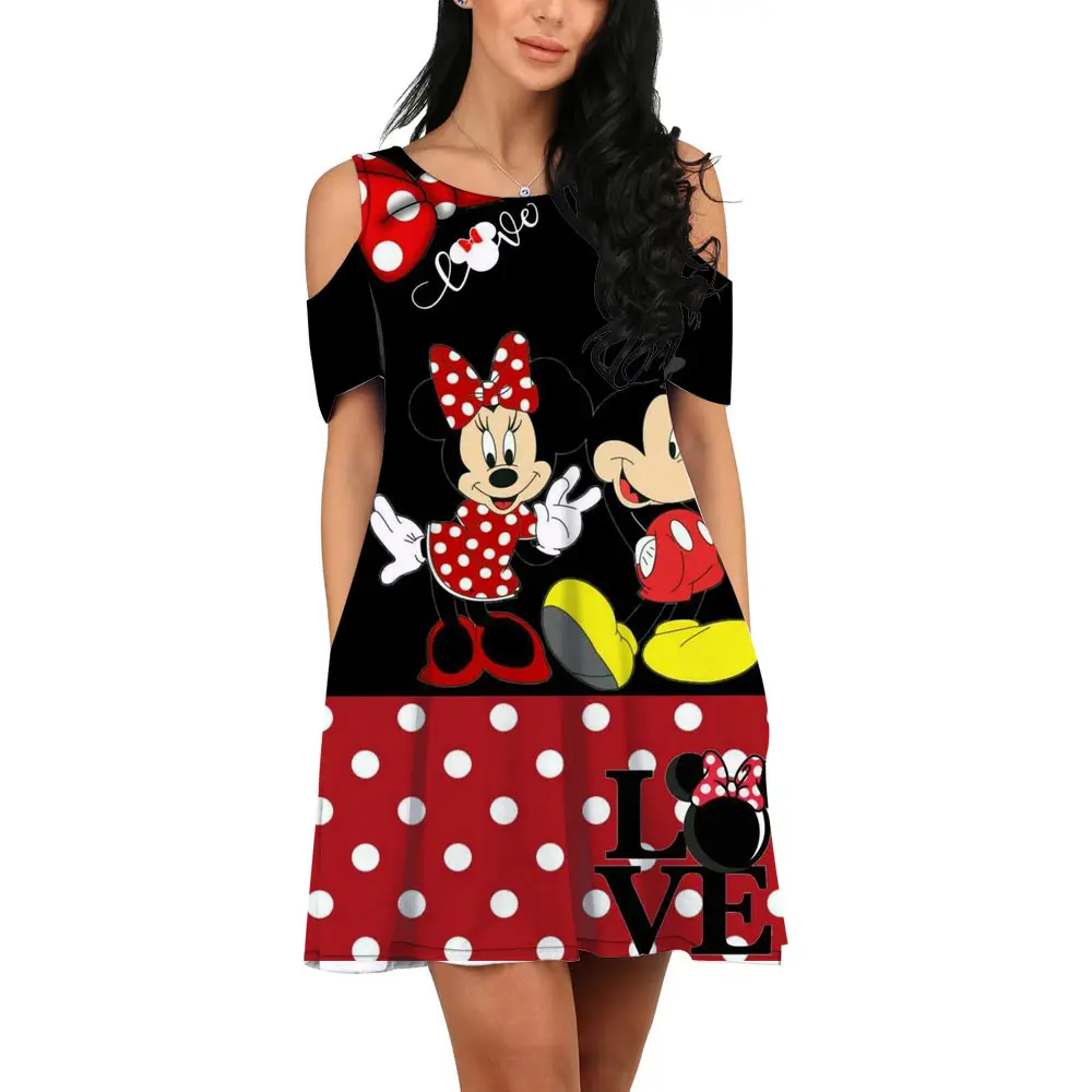 Fashion Nightclub Party Disney Brand Mickey and Minnie Anime 2022 Summer New Elegant Sexy Off-the-shoulder Korean Slim Dress