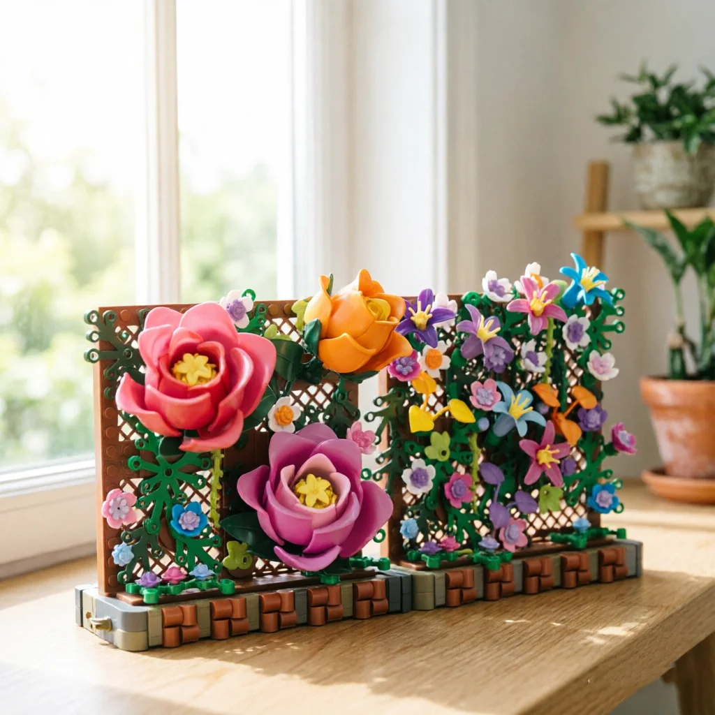 569-teiliges Rosenblüten-Gestell Bausteine Blumen-Blütenzaun MOC-Modell Ziegel Desktop-Ornamente Lehrreiches Puzzle-Spielzeug Geschenkideen