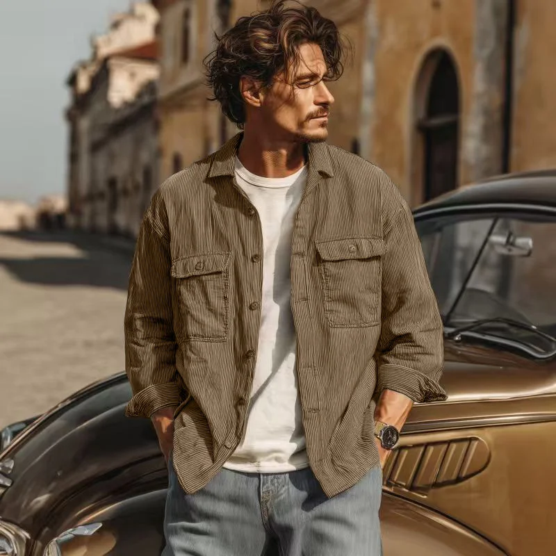 

Autumn winter Men's pure color casual corduroy turn-down collar retro Pit strip Shirt Men Loose Button Cardigan fashionable coat