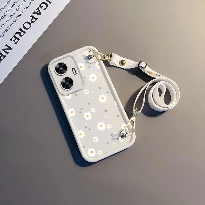 C 55 White Flower New Sky Eye Lanyard Phone Case For Realme C55 C21 C20 C51 C67 C21Y C30S C11 C25Y C65 C25 C53 C30 C15 C12 Cover