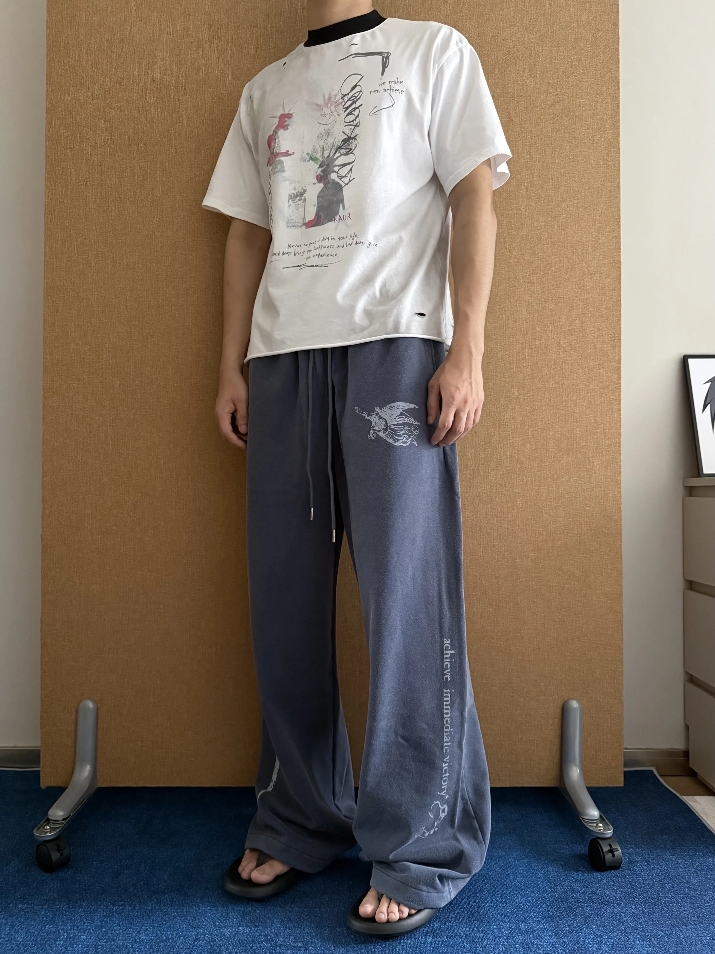 American Retro Washed Printed Casual Sweatpants Men Women Handsome Versatile Loose Straight Floor-Length Pants Couples