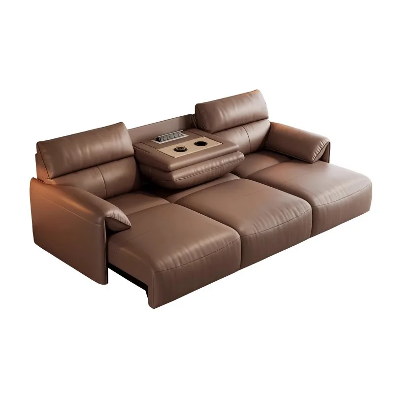 

Electric telescopic function zero against the wall living room three people first layer leather adjustable sleeping sofa