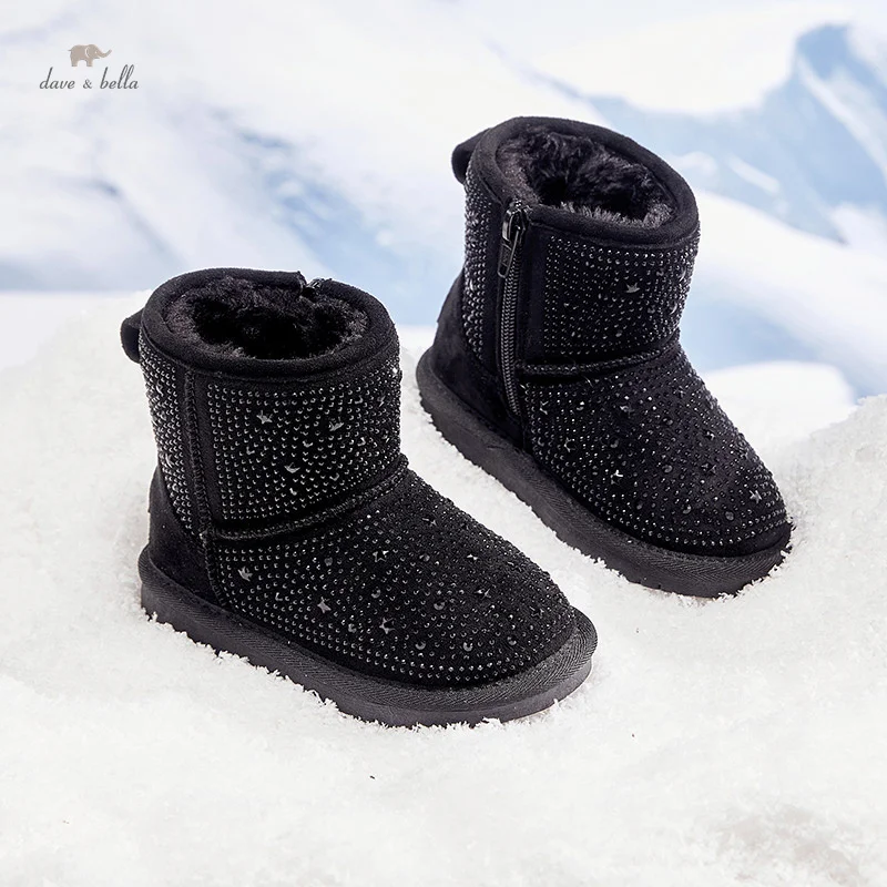 Dave Bella Winter Girl's Snow Boots Glimmer Thick Fur Kids Girls Short Boot Black Warm Slip-on Children Shoes DB4243883