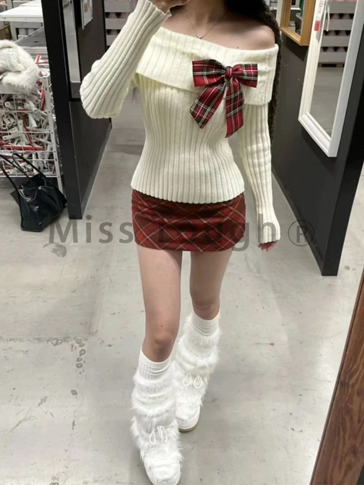 Autumn Sweet Knitted New Two Piece Sets Women Cute Bow Sweater Tops + Retro Plaid Mini Skirt Pretty Harajuku Y2k Kawaii Set 2024