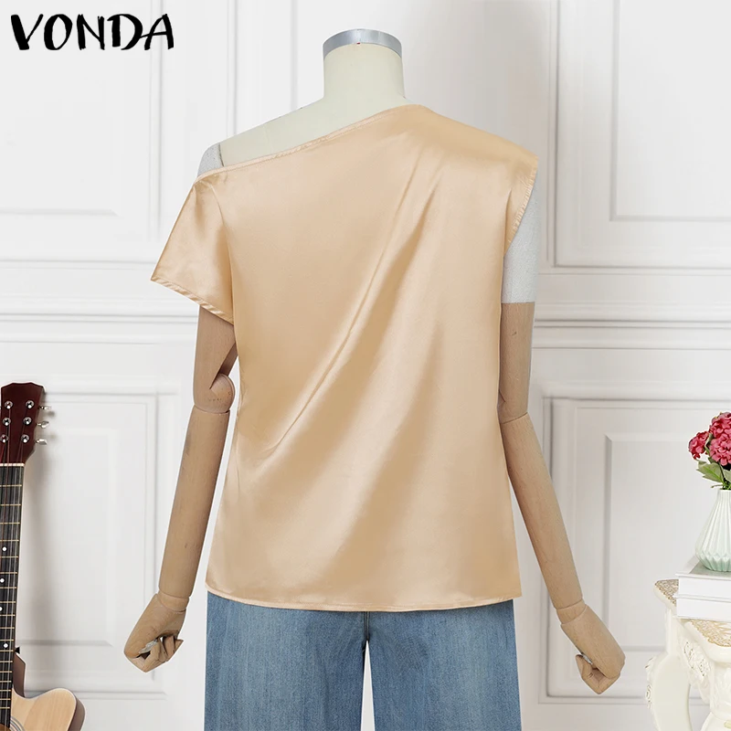 Übergröße 5XL VONDA Damenbluse 2026 Satin-Top Schulterfrei Einfarbig Tunika Kurzarm Plissiert Blusa Elegante Bürodamen-Hemden