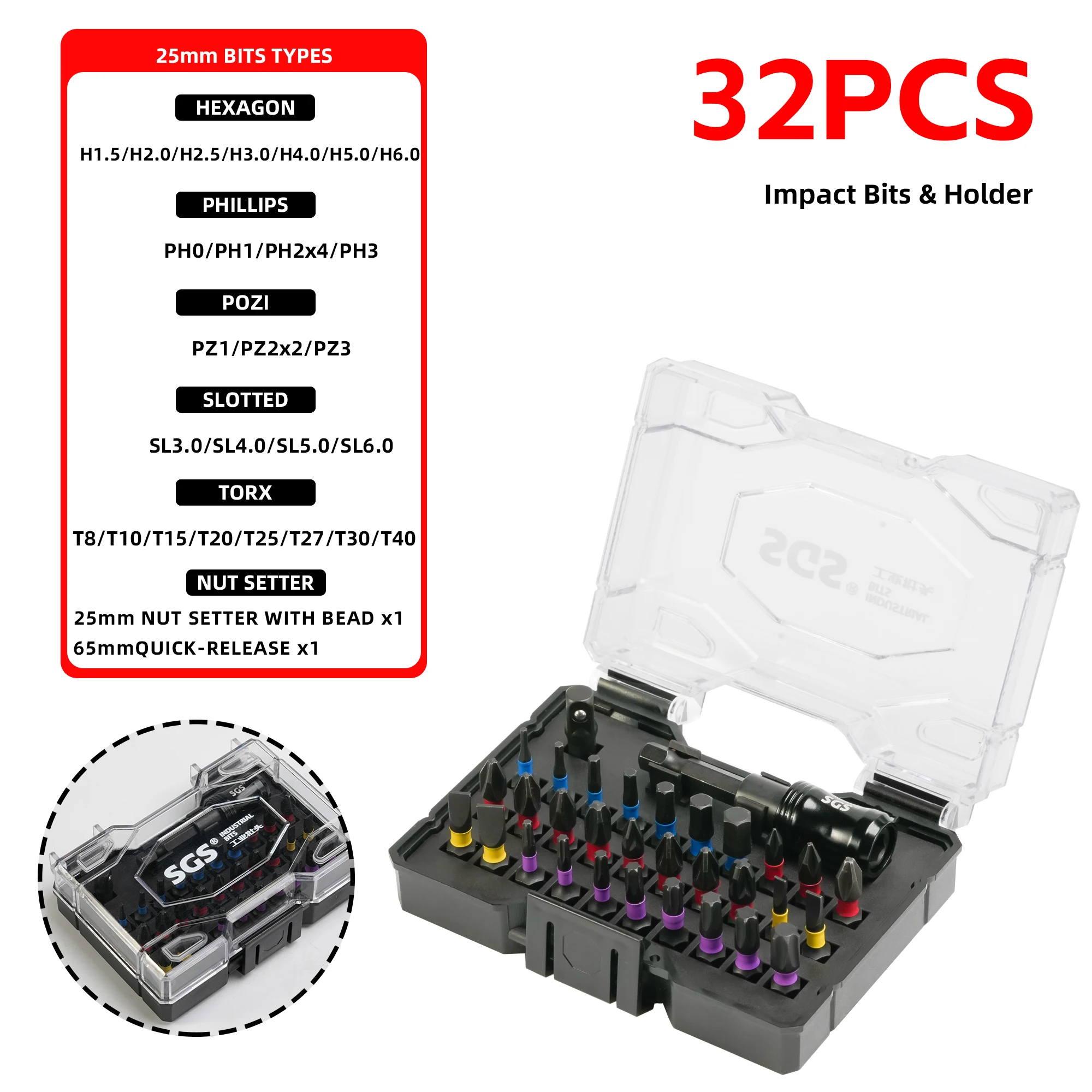 Armor Black Box, 32-Piece Premium S2 Steel Impact Screwdriver Bit Set, with Color-Coded Bits, Quick-Release Holder, and Hard Case — Hex, Ph, Pz, Sl, and Torx Bits, Extension Rod Socket, Suitable for Home Repairs, Furniture Assembly, Automotive Repairs, Electrical Repairs, and Professional Work.